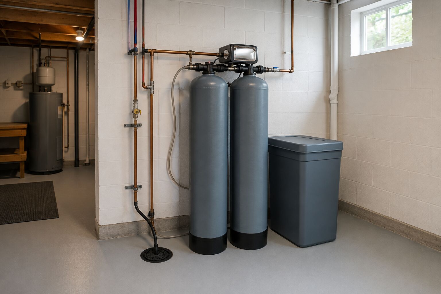 A twin-tank water softener installed in a basement utility room: two grey resin tanks under a single control valve, a square brine tank beside them, copper supply lines and a drain line running to a floor drain.