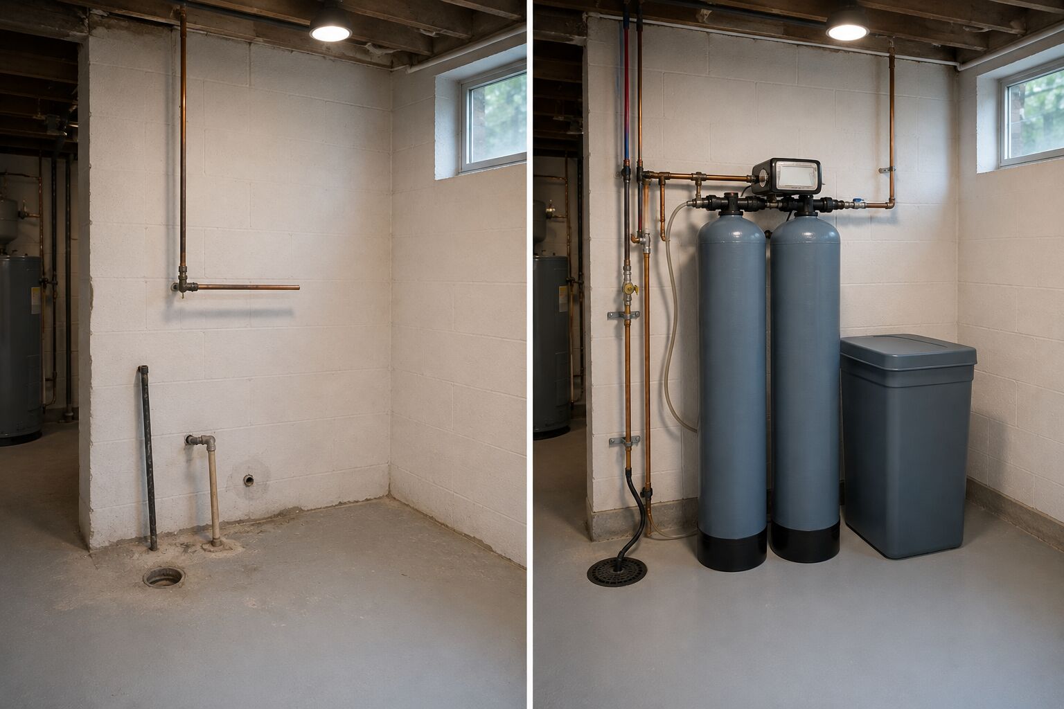 Side-by-side comparison of the same basement corner. Left: bare block wall with a capped copper stub and a floor drain, no equipment. Right: the finished twin-tank softener installed against that wall, plumbed into the supply line with the brine tank alongside.