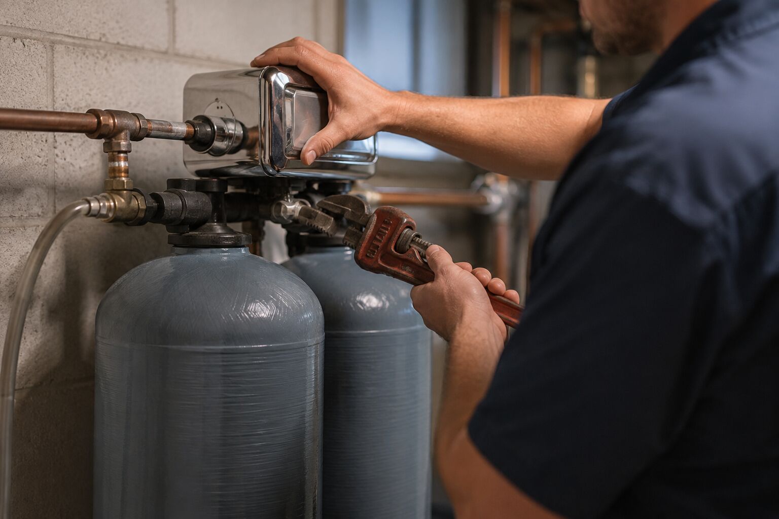 Close-up of an installer’s hands setting the chrome control valve on top of a twin-tank softener, holding a pipe wrench on the connecting fitting.
